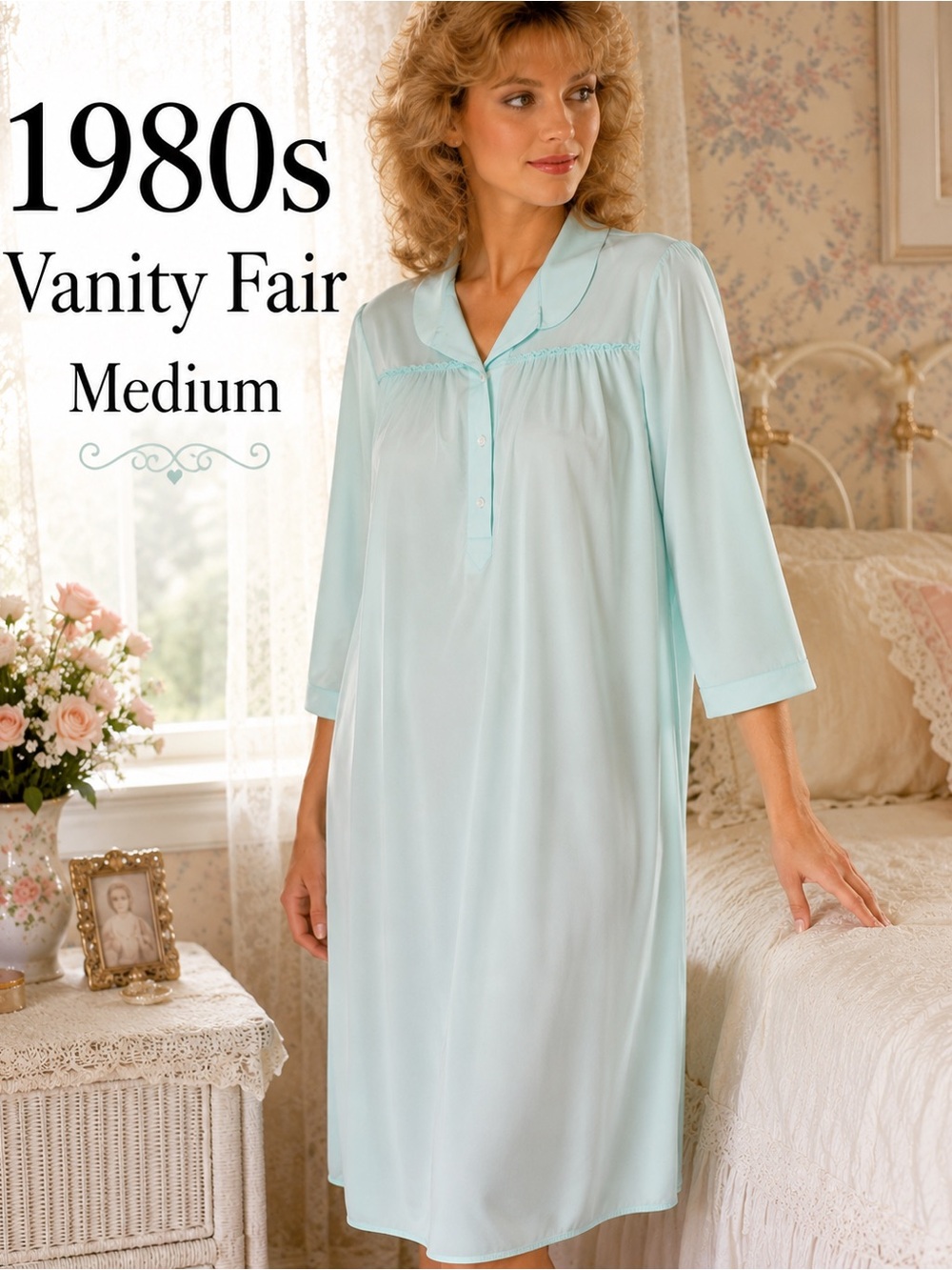 Vintage 1980s Vanity Fair Aqua Nylon Tricot Nightgown M USA Pockets